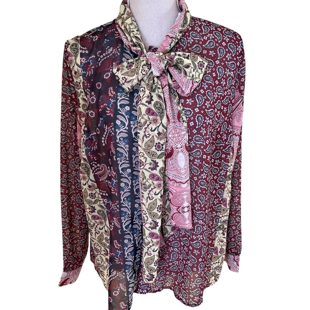 Soft Surroundings Chiffon Patchwork Blouse with Bow Tie PXL
